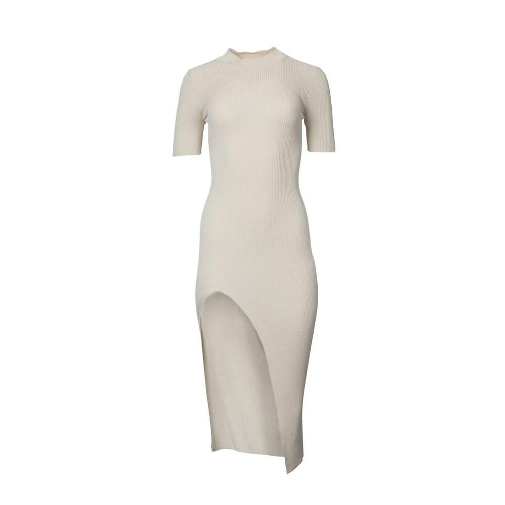 NEW SWEATERLAND ribbed midi dress with front slit in almond